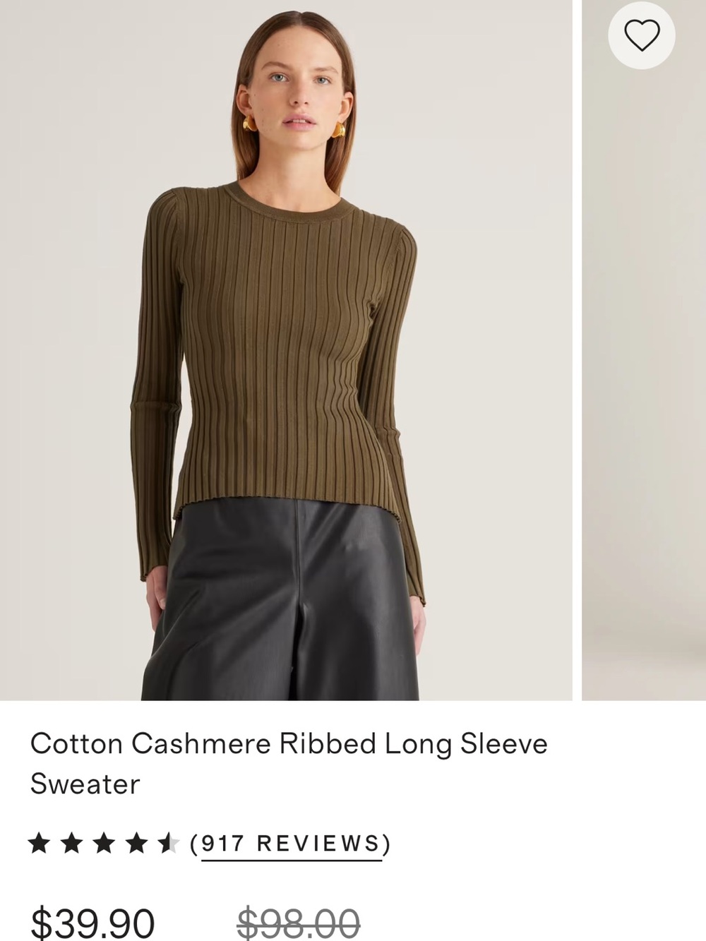 Quince Cotton Cashmere Ribbed Long Sleeve Sweater - Olive